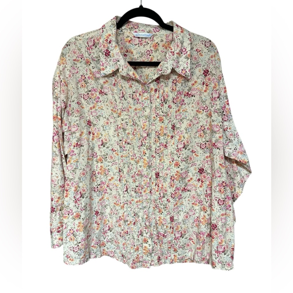 Silhouette Floral Pintuck Patterned Button Up 100%‎ Cotton Shirt size 2X
